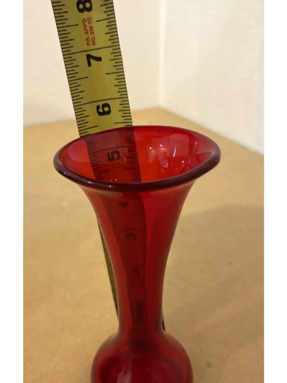Vintage Red Hand Blown Glass Art Bud Vase Angled Top 5.5
